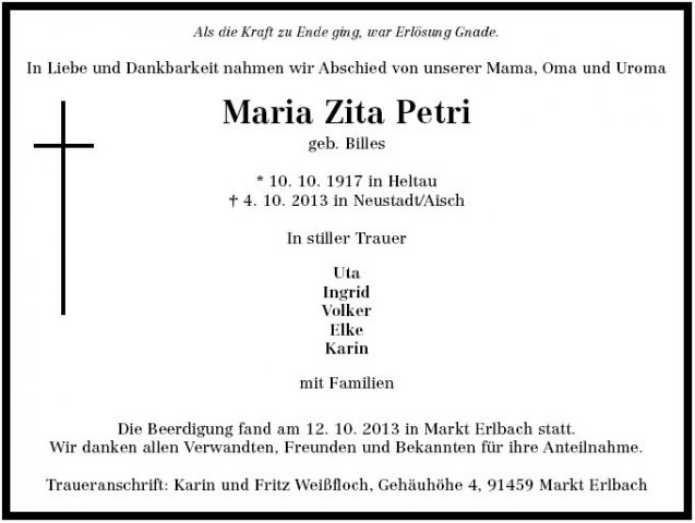 Billes Maria Zita 1917-2013 Todesanzeige